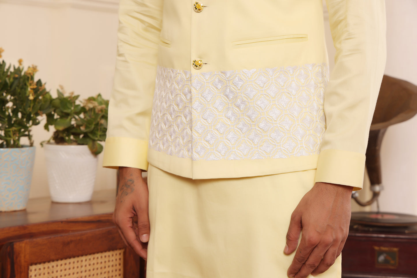 Lemon Kurta pants with embroidered Nehru Jacket