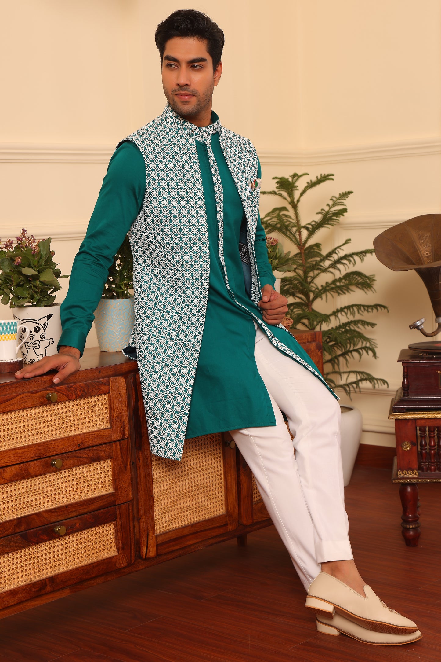 Tuquoise Green kurta pants with embroidered shrug set