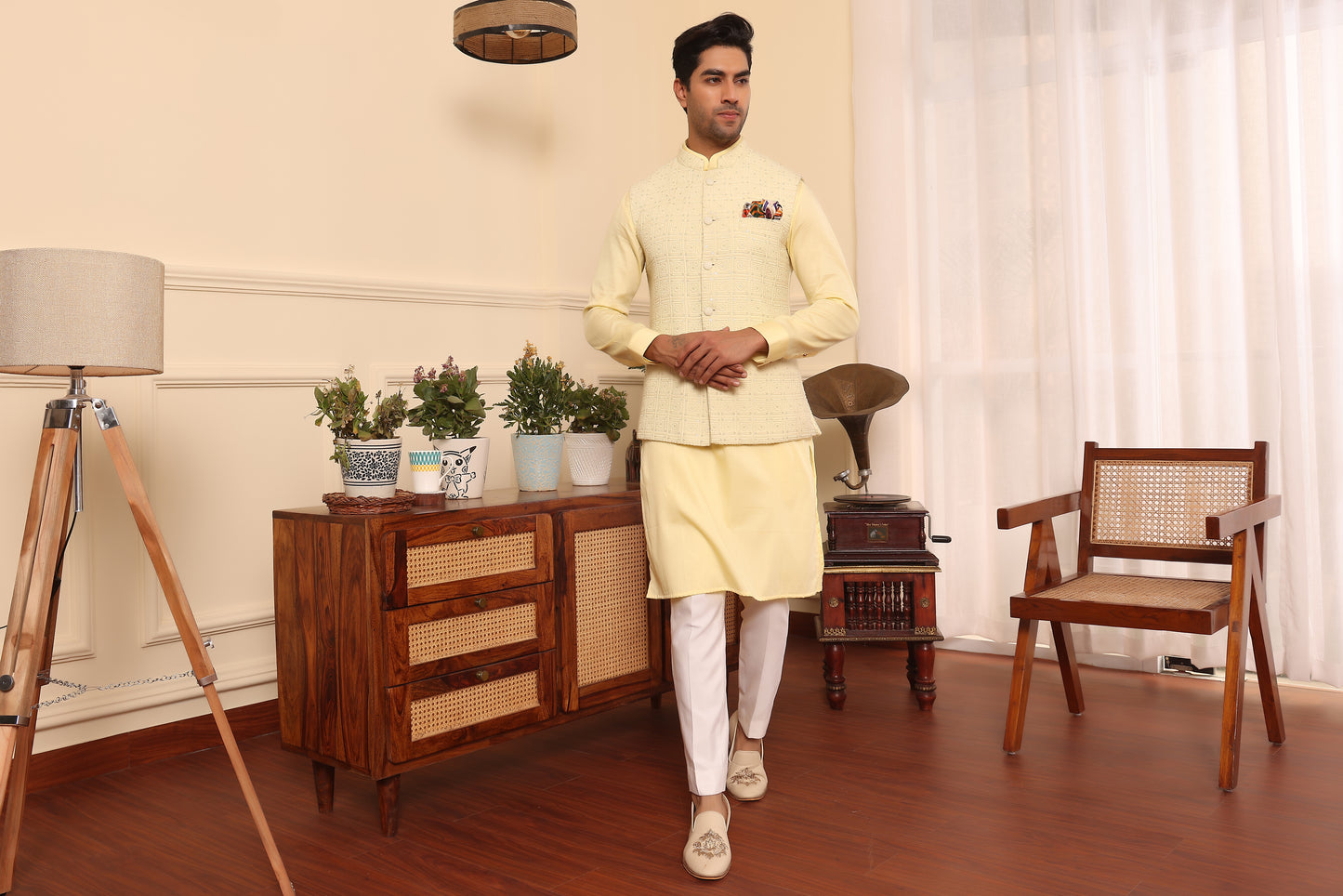 Lemon Kurta pants with sequence embroidered Nehru Jacket