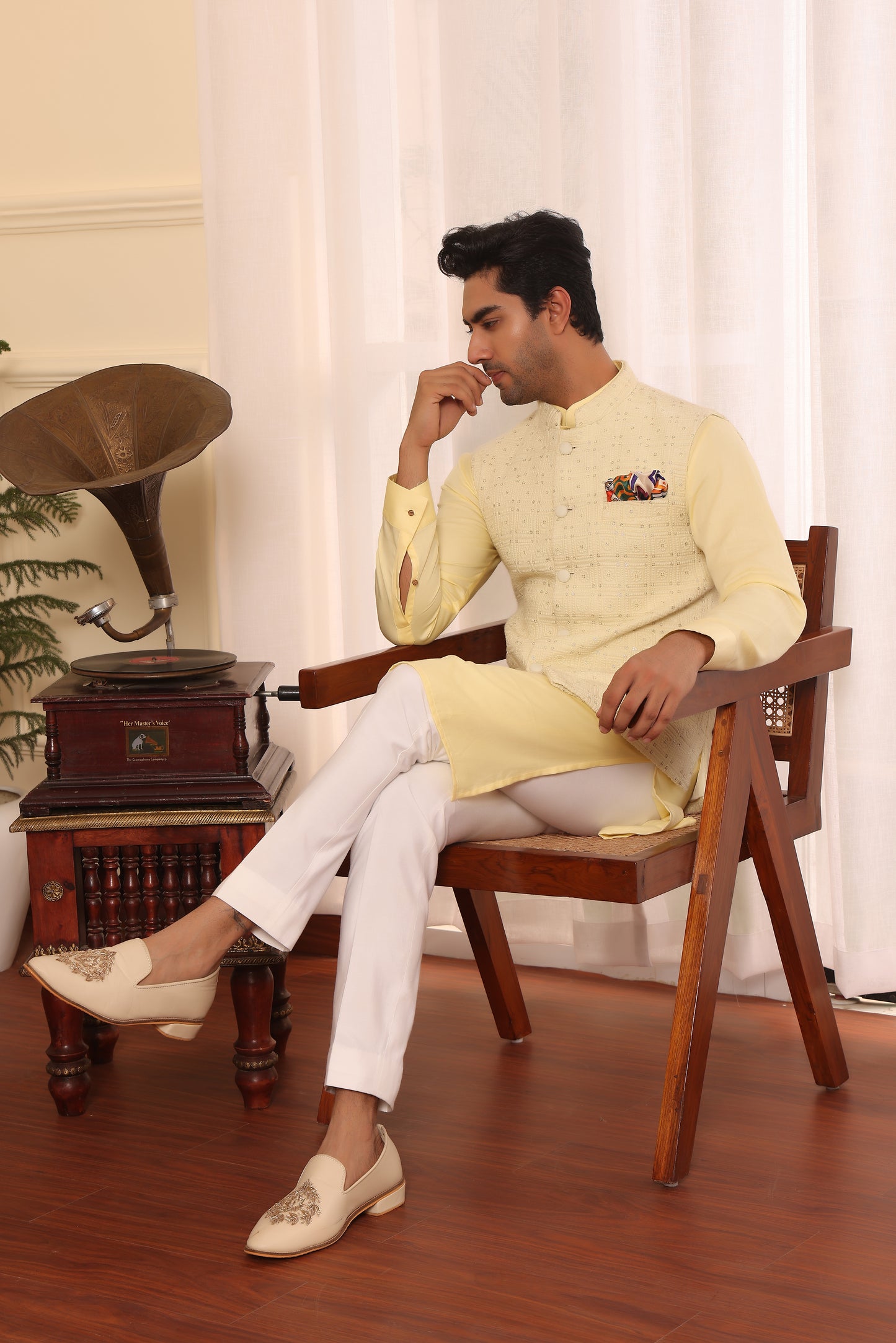 Lemon Kurta pants with sequence embroidered Nehru Jacket