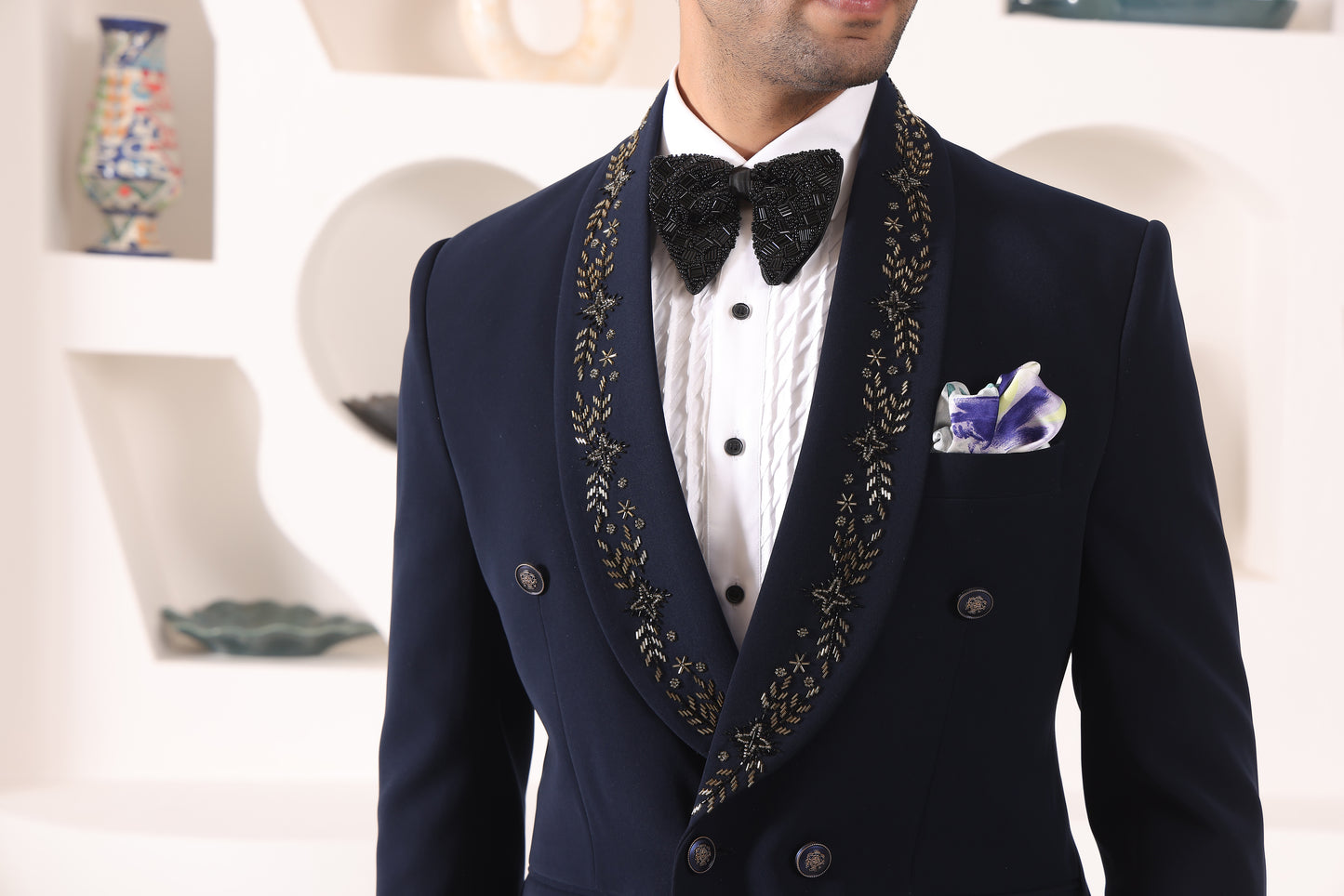 Blue Doublebreast Tuxedo with embroidered collar