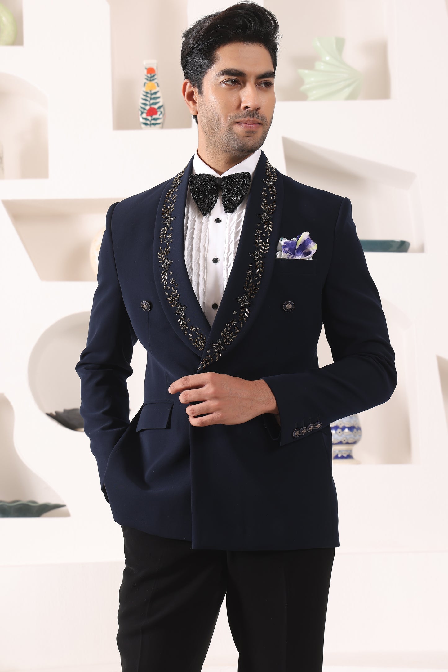 Blue Doublebreast Tuxedo with embroidered collar