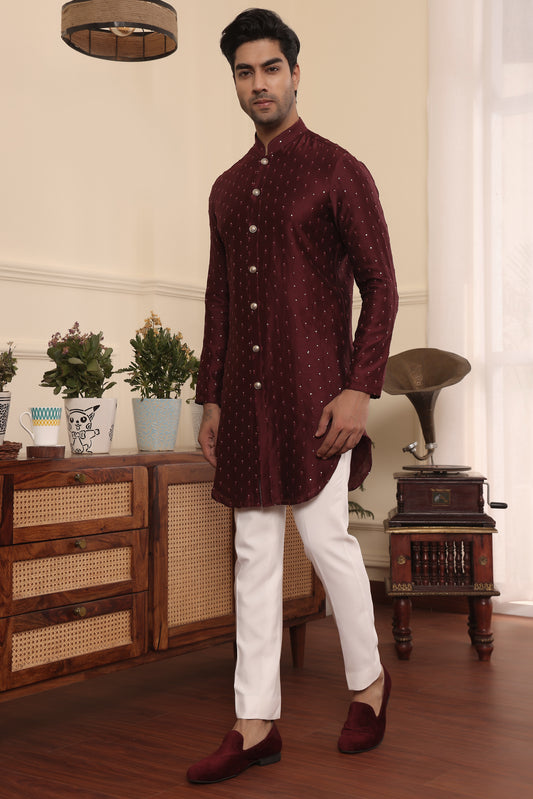 Wine colour embroidered silk Kurta pants