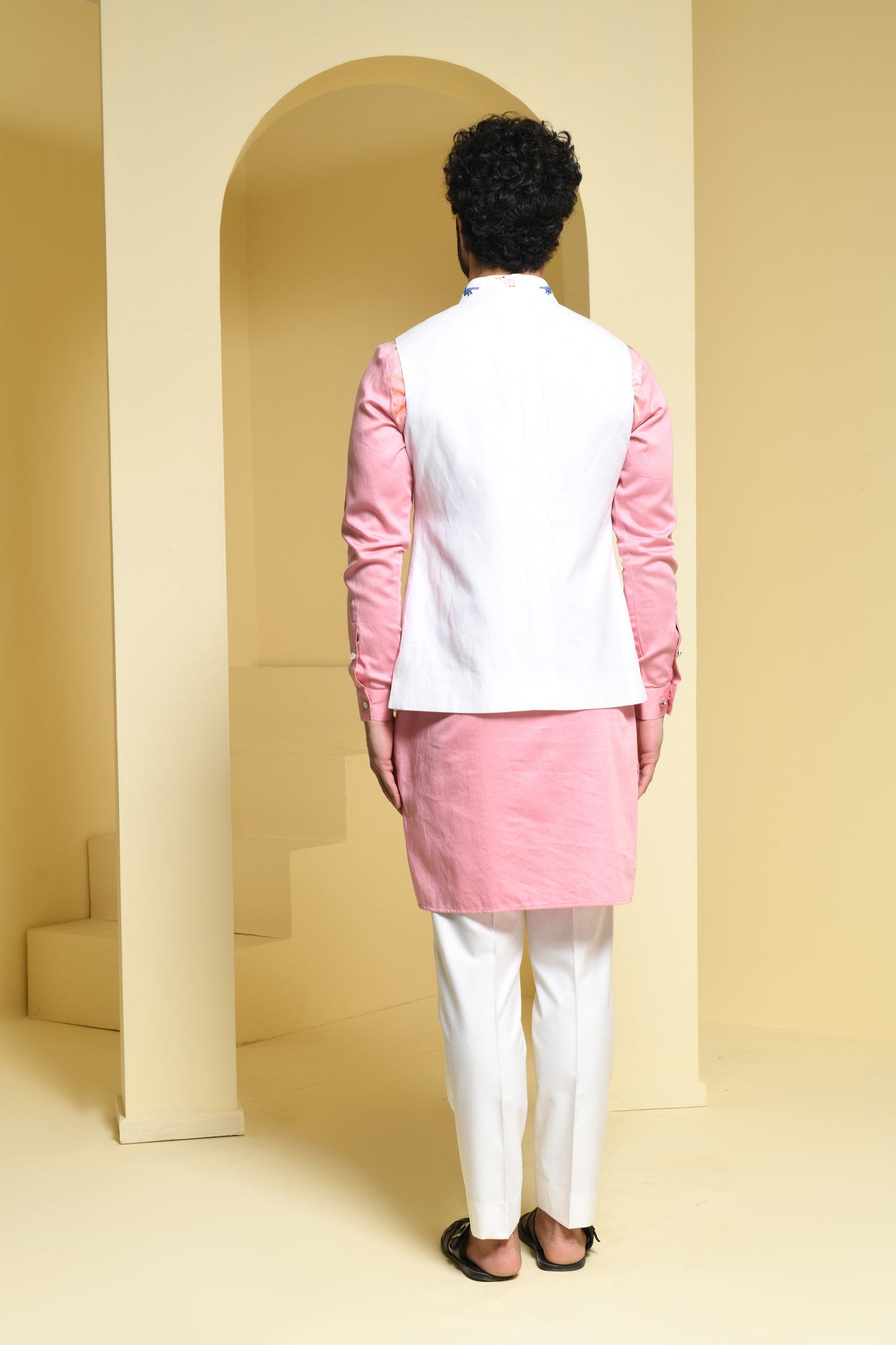 Bird Printed White Nehru Jacket with Pink Kurta Set