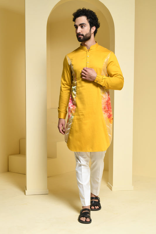 Mustard Yellow Floral  Printed Cotton Kurta Set