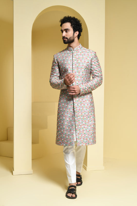 Silver/ Grey all hand embroidered sherwani