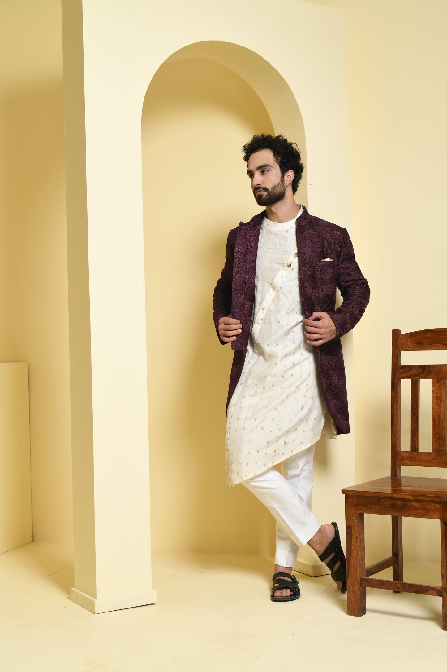 Wine Silk detailed Shrug with Kurta and Pant Set