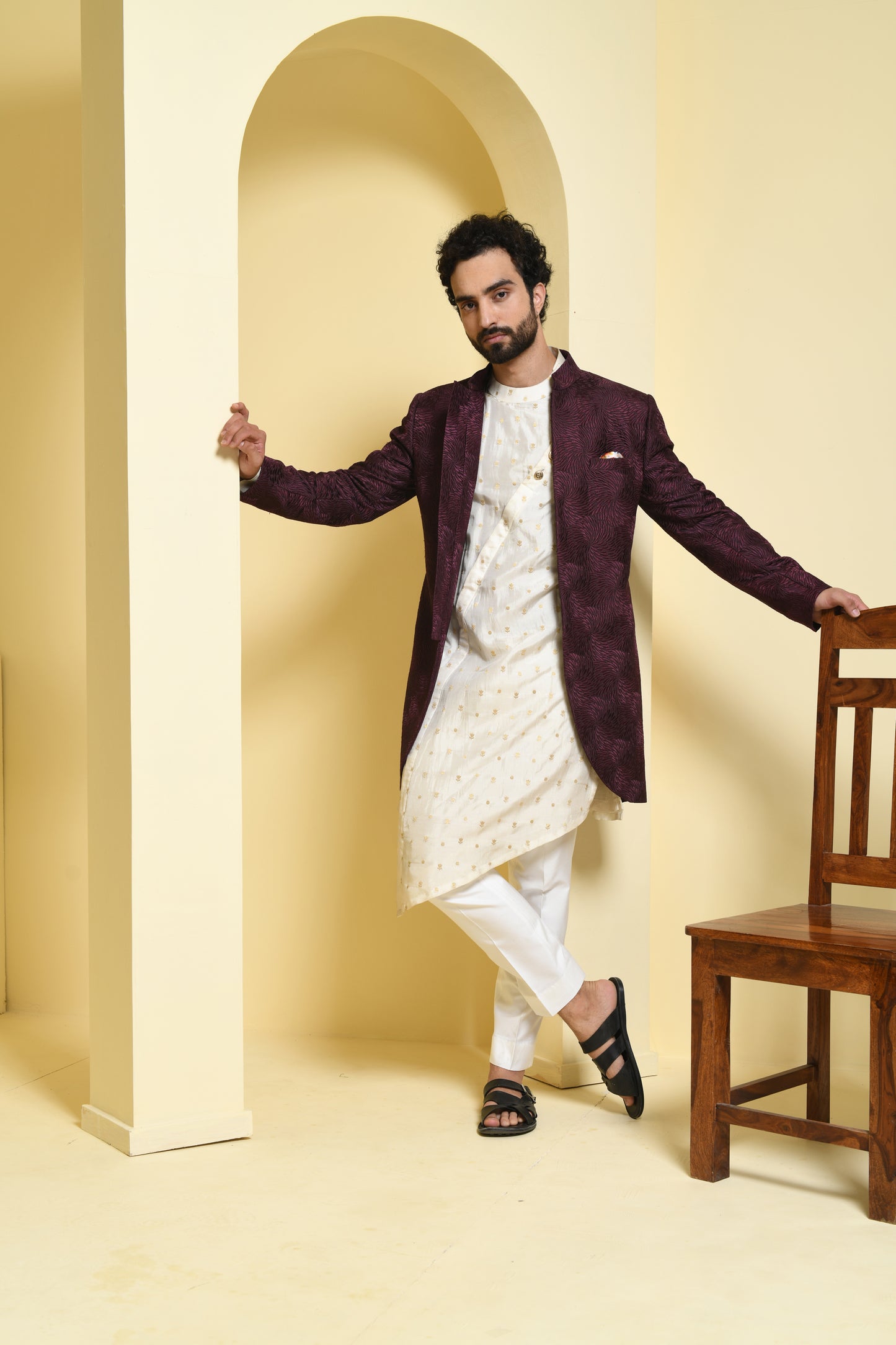 Wine Silk detailed Shrug with Kurta and Pant Set