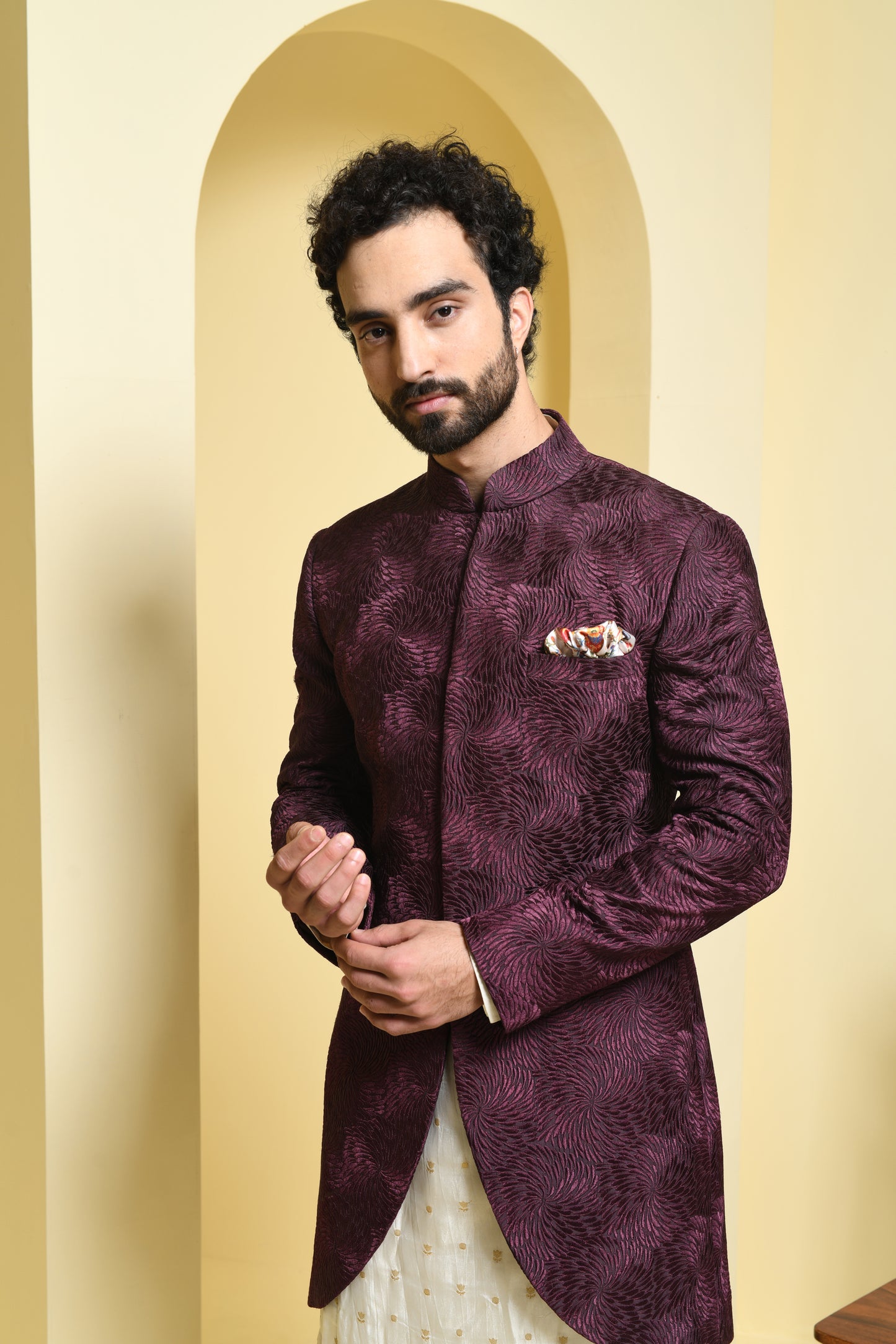 Wine Silk detailed Shrug with Kurta and Pant Set