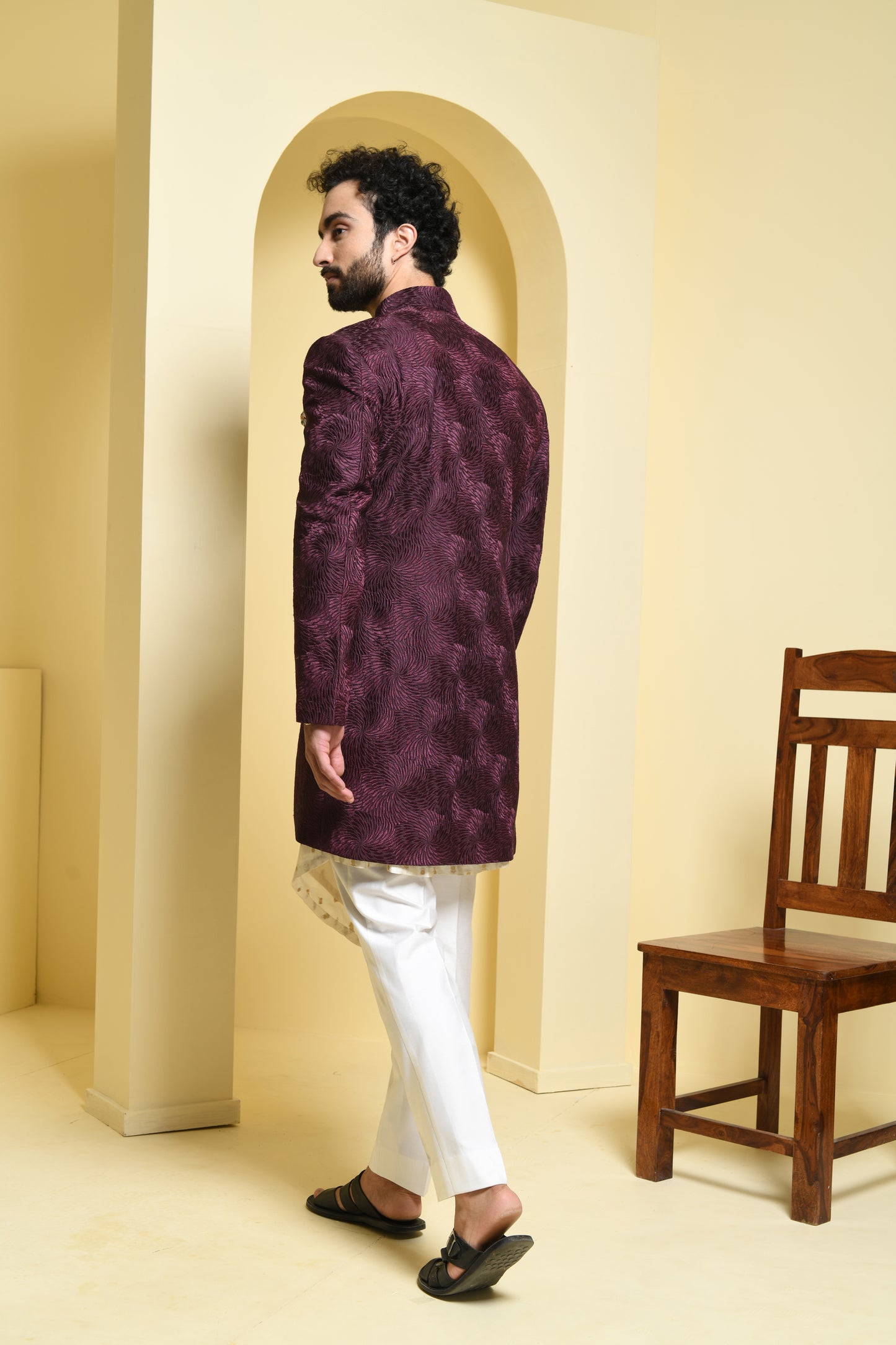 Wine Silk detailed Shrug with Kurta and Pant Set