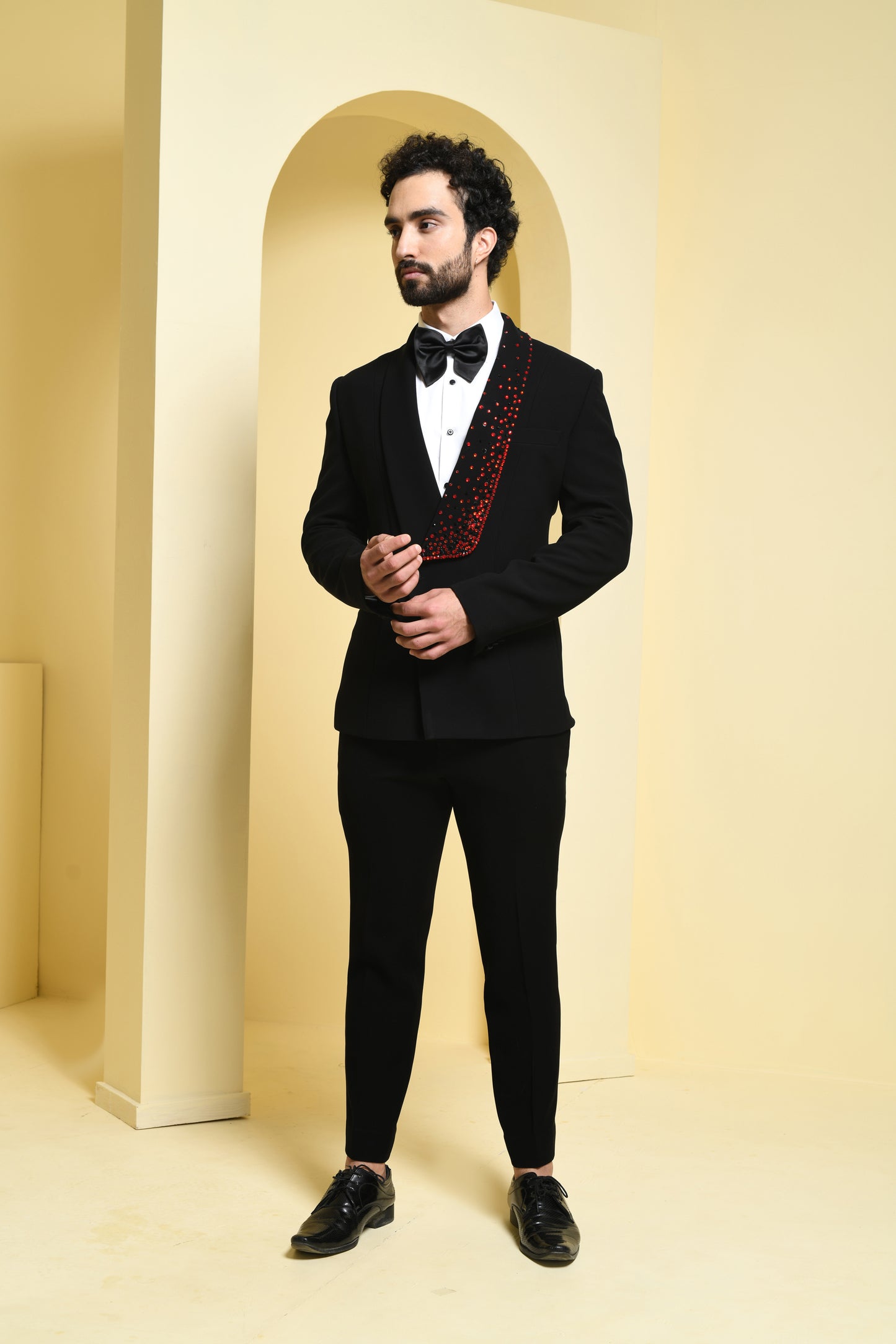 Black Swarovski Embroidered Tuxedo Set