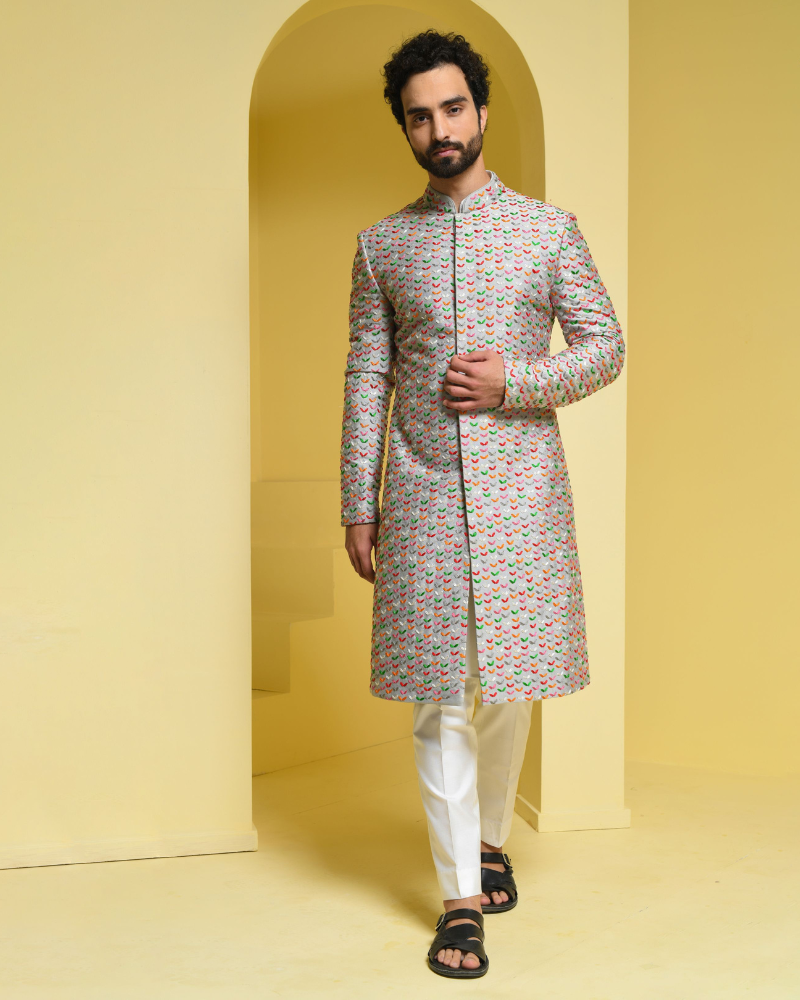 Silver/ Grey all hand embroidered sherwani